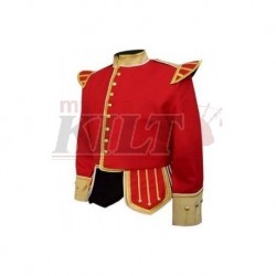 Red  Buff Pipe Band Doublet with buff collar, cuffs, and epaulettes, gold braid trim and gold buttons