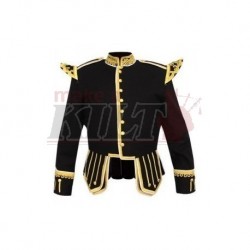 Black Wool Pipe Band Doublet with scrolling gold braid trim