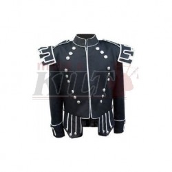 Black Traditional Scots Guards Style Doublet with Castellated Shoulder Shells in Gabardine Wool with 18 Button Zip Front
