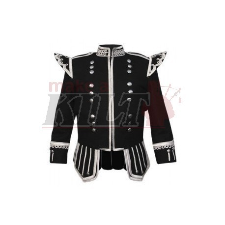 Black Pipe Band Doublet with silver buttons, scrolling trim, 18 button zip front