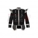 Black Pipe Band Doublet with silver buttons, scrolling trim, 18 button zip front