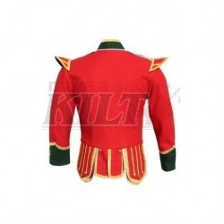 Red / Green Pipe Band Doublet with green collar, cuffs, and epaulettes, gold braid trim and gold button