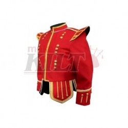 Red Pipe Band Doublet with gold braid trim and 18 button zip front