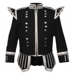 Black Pipe Band Doublet with silver buttons, scrolling trim, 18 button zip front