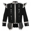 Black Pipe Band Doublet with silver buttons, scrolling trim, 18 button zip front