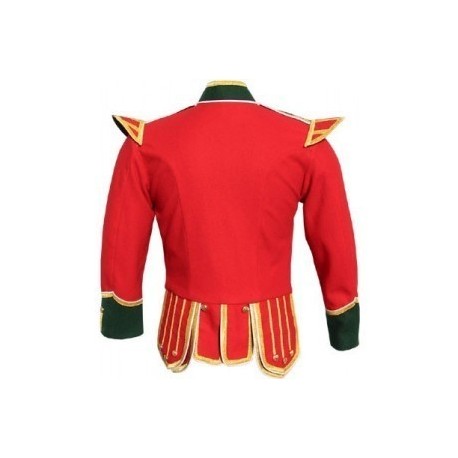 Red / Green Pipe Band Doublet with green collar, cuffs, and epaulettes, gold braid trim and gold button