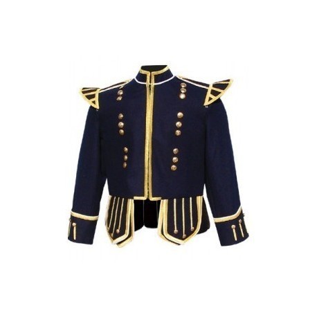 Dark Blue Pipe Band Doublet with gold braid trim and 18 button zip front